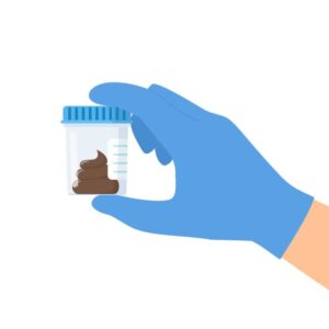 Doctor Hand holding test stool in plastic jars. Medical background, advertising websites. Laboratory research. Equipment for analysis. Vector illustration in flat style